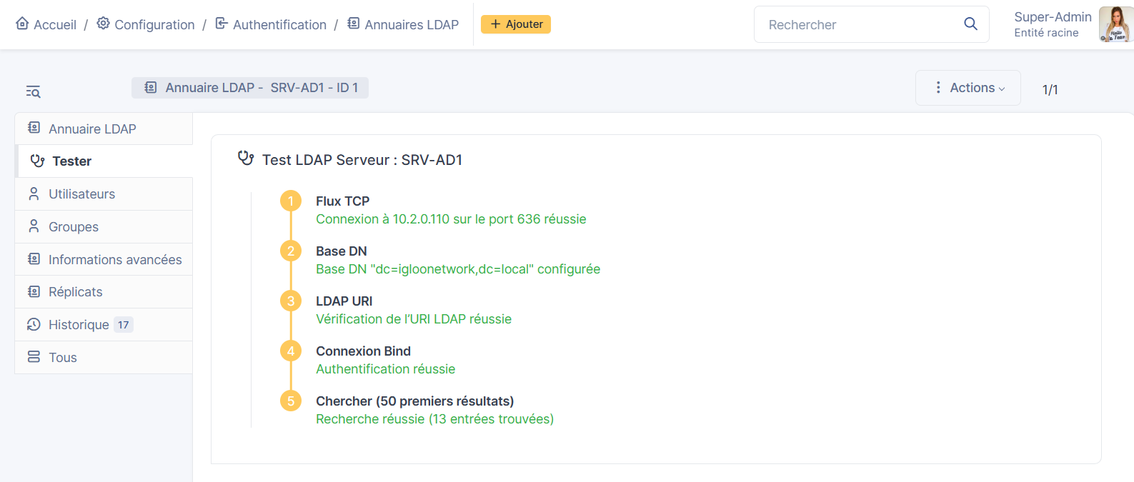 Test de configuration LDAP dans GLPI
