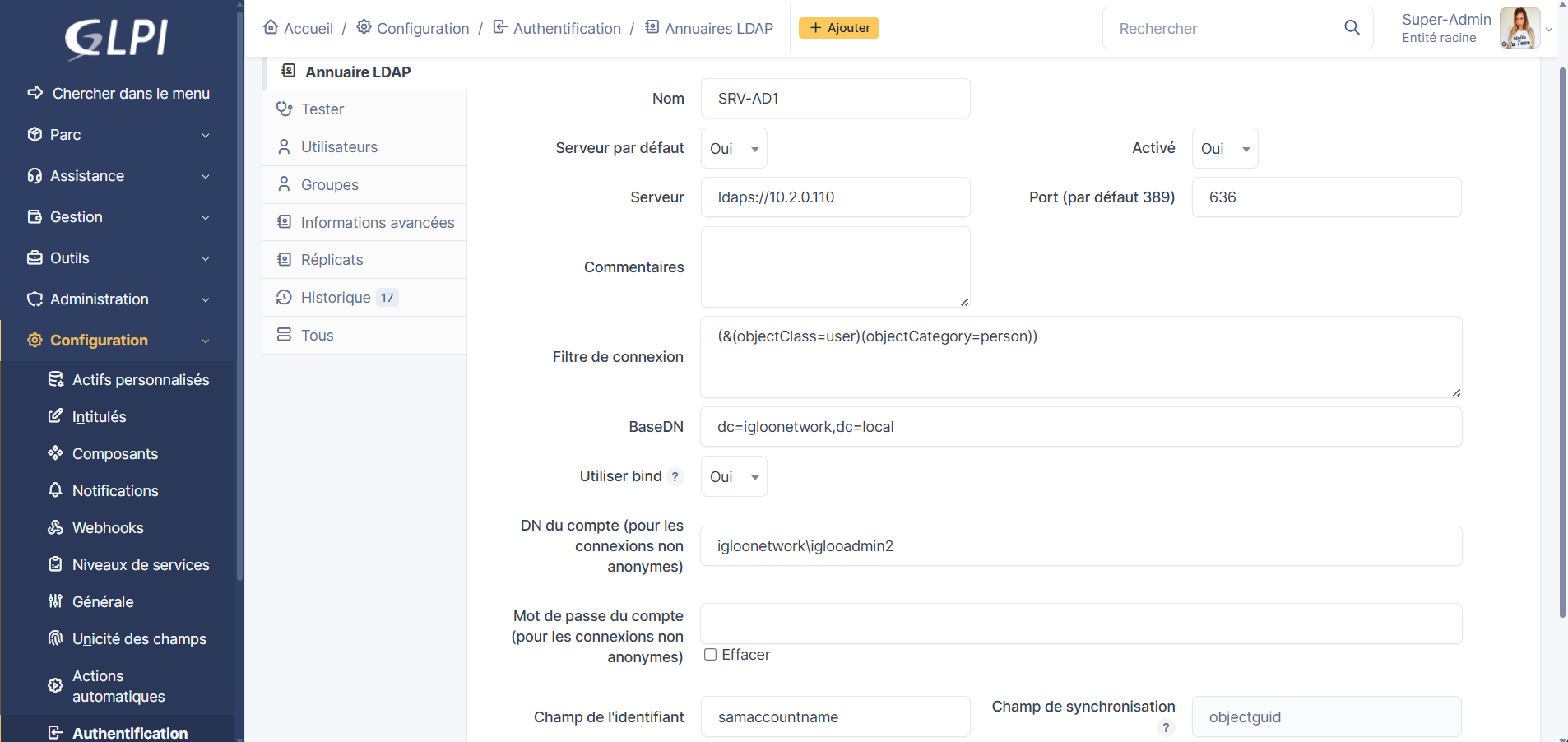 Configuration de l'annuaire LDAP dans GLPI